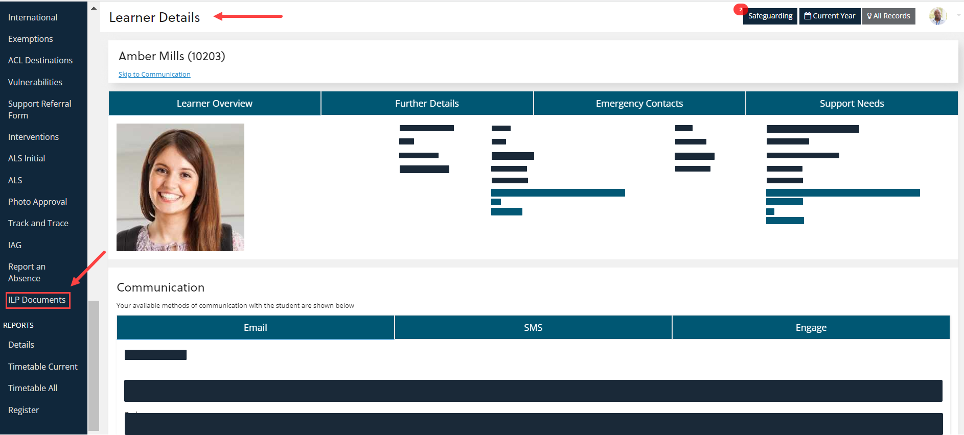 Learner Details page with ILP Documents highlighted in the left hand menu